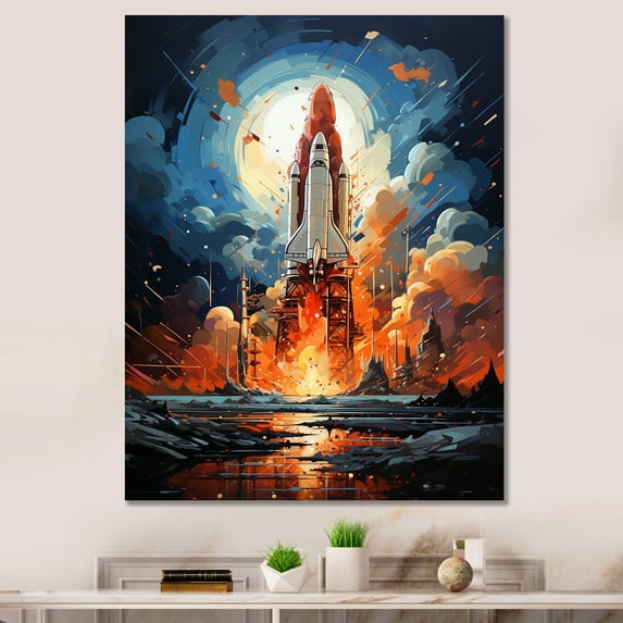 Designart "Expressionistic Launch Flare IV" Rocketship Canvas Art Print