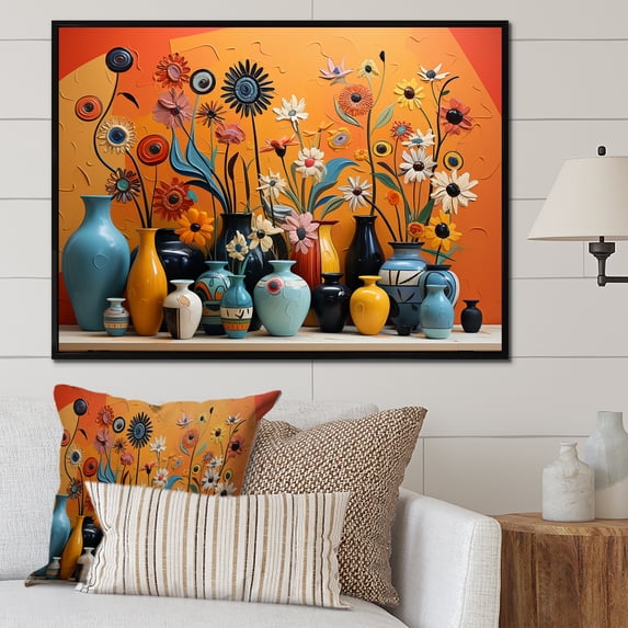 Designart "Expressions of Boho Pottery in Orange II" Geometric Framed Wall Art - Bohemian Blue Boho Pottery Entryway Framed Wall Art Print