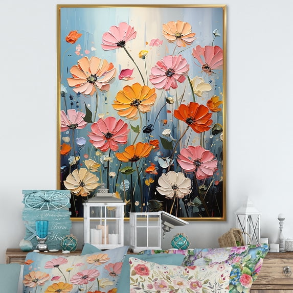 Designart "Expressive Blue And Orange Zinnias II" Zinnias Floater Framed Wall Art Prints