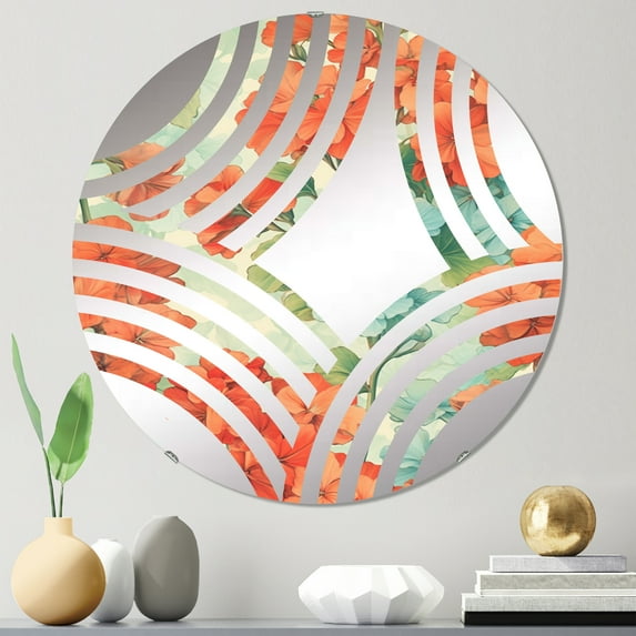 Designart "Expressive Collage of Geraniums: Blue and Orange" Geraniums Baptist Fan Round Wall Mirror - Floral Oval Printed Decorative Mirror - Multiple Color Options