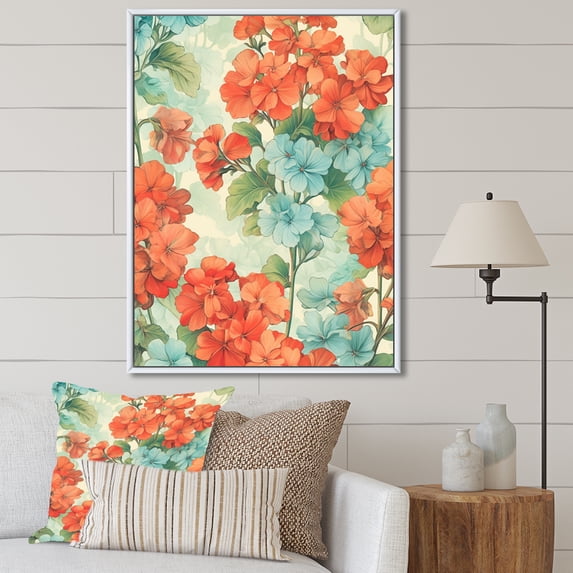 Designart "Expressive Collage Of Geraniums: Blue And Orange" Geraniums Floater Framed Wall Decor