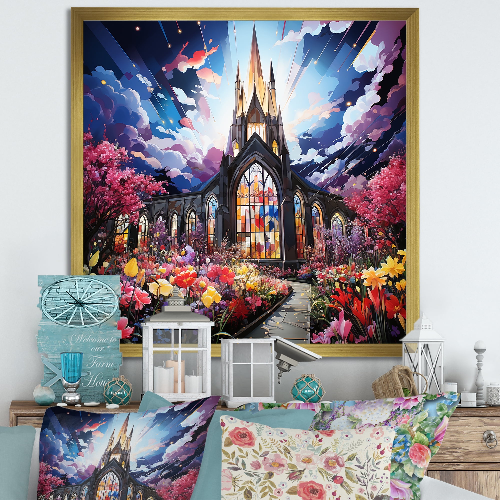 Designart "Expressive Illumination in Blue Church" Spiritual Framed