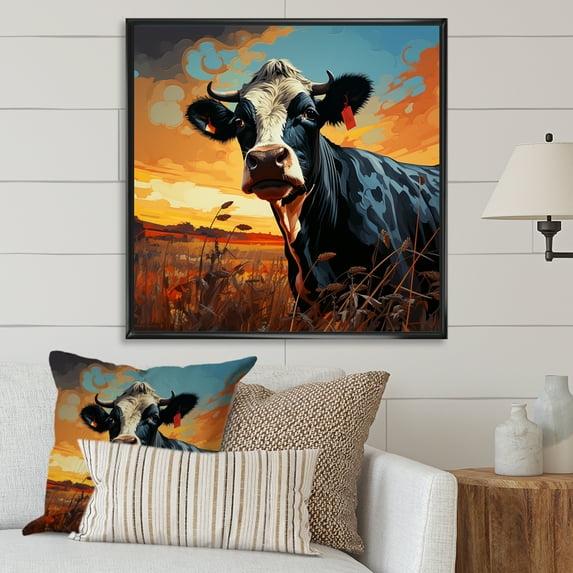 Designart "Expressive Portrait Of A Colorful Cow" Animals Cow Floater Framed Wall Decor