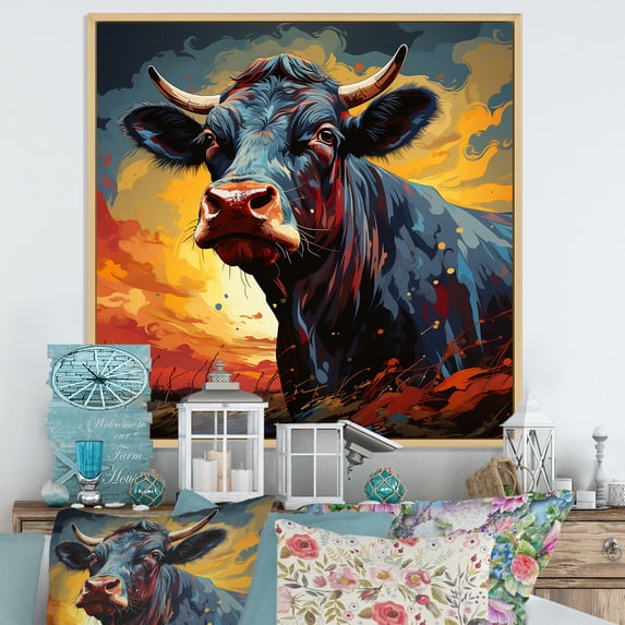 Designart "Expressive Portrait Of A Colorful Cow I" Animals Cow Floater Framed Canvas Art Print
