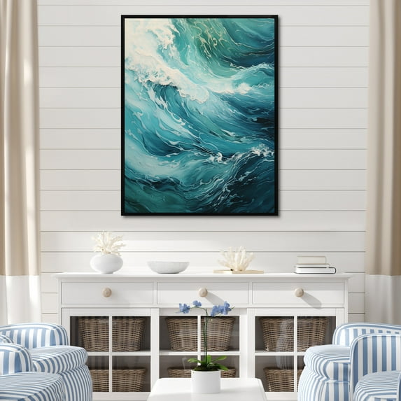 Designart "Expressive Teal Waves Of The Ocean" Coastal Waves Floater Framed Canvas Prints
