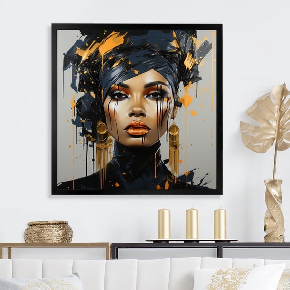 Designart "Expressive Tribes African Woman in Black and Gold V" Fashion Framed Wall Art Decor - Glam Black Woman Entryway Framed Wall Art