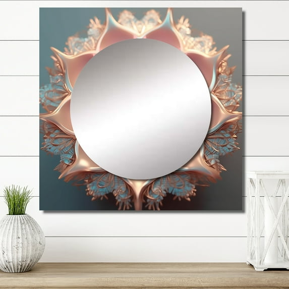 Designart "Exquisite Blush Gold Lotus Floral Mandala II" Boho Mandala Square Mirror For Wall Decor - Large Pink Square Printed Wall Mirror Art - Wall Mounted Square Large Mirror