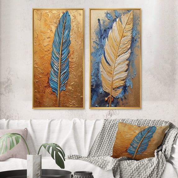 Designart "Exquisite Boho Glam Blue Feather Painting" Feathers Framed Wall Art Set Of 2 - Modern Gold Gallery Wall Frame Set For Home Decor