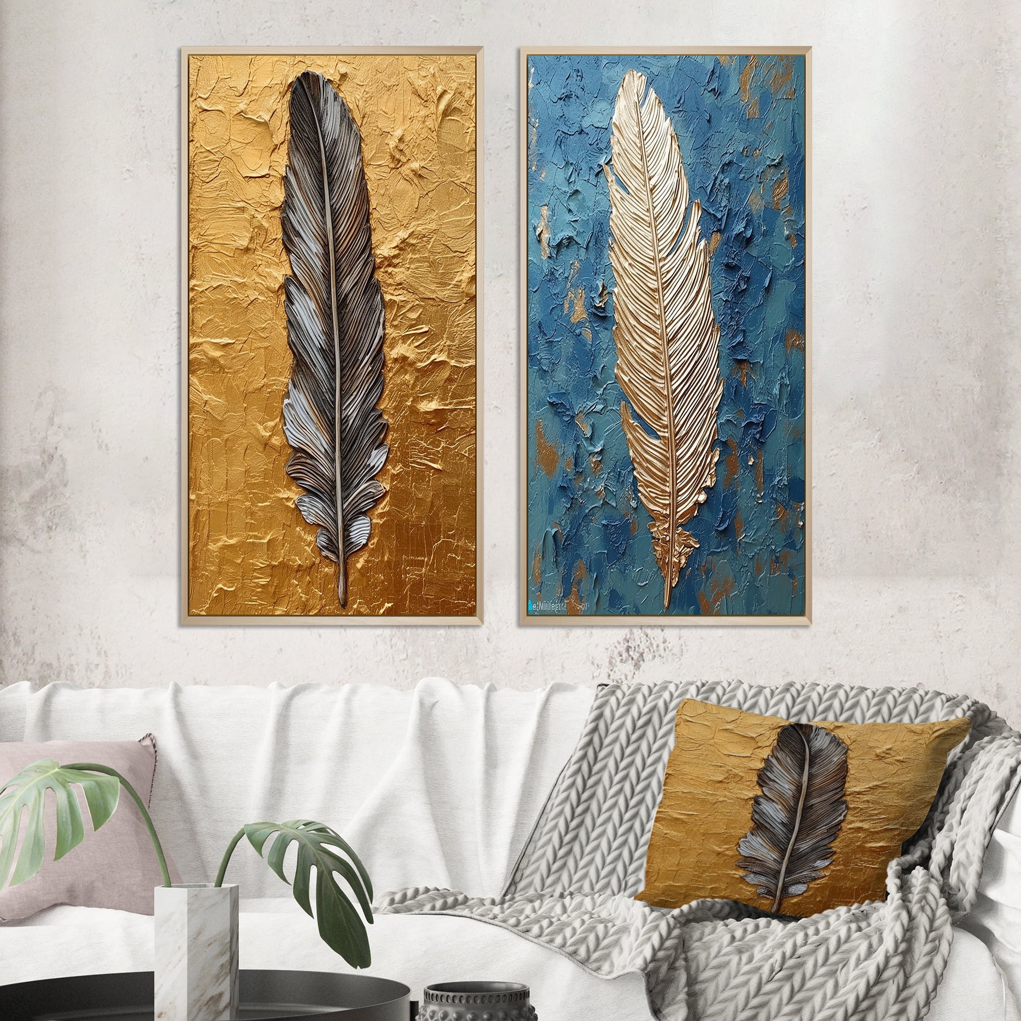 Boho Glam Gold and Blue Feather Canvas Painting Set
