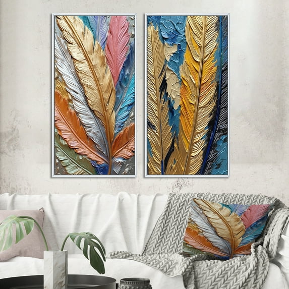 Designart "Exquisite Boho Glam Gold Feather Painting III" Feathers Framed Wall Art Set Of 2 - Modern Gold Framed Wall Art Set Of 2