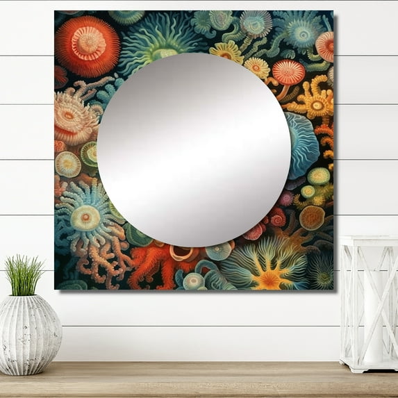 Designart "Exquisite Deep Sea Anemones Vintage Accordance VI" Marine Animals Square Mirror Wall Decor Modern - Large Blue Square Bathroom Mirror - Square Printed Wall Mirror Art