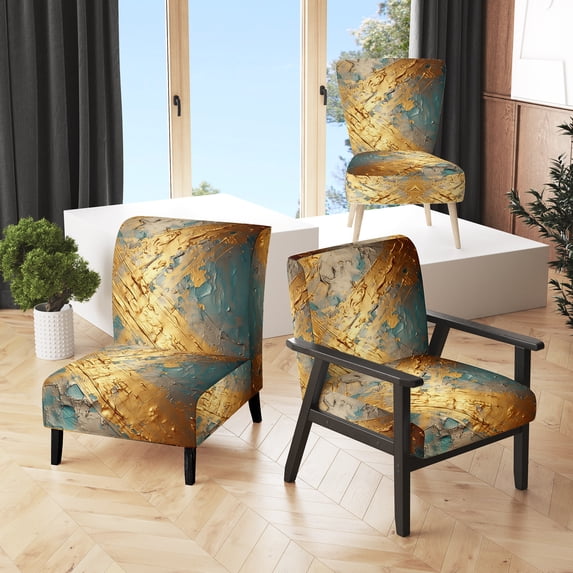 Designart "Exquisite Evening Glow Vintage Gold On Teal I" Upholstered Modern Geometric Accent Chair and Modern & Contemporary Arm Chair - Multiple Color & Pattern
