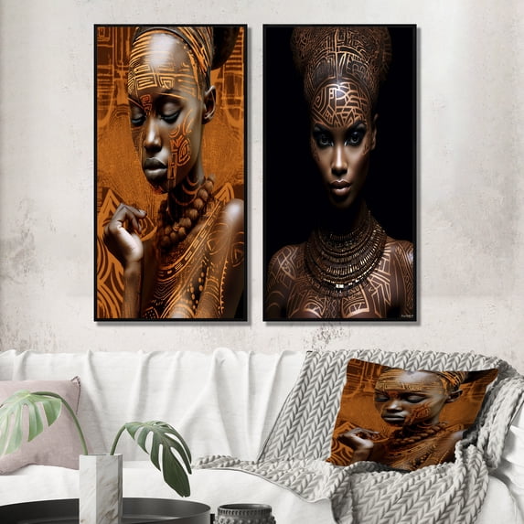 Designart "Exquisite Portrait African Beauty III" African American Woman Framed Wall Art Set Of 2 - Glam Orange Gallery Wall Frame Set For Home Decor