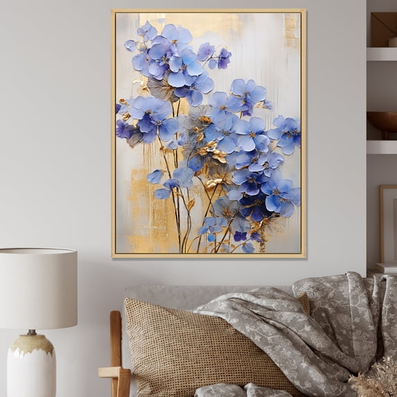 Designart "Exquisite Violets In Blue And Gold Hues II" Violets Floater Framed Canvas Art Print
