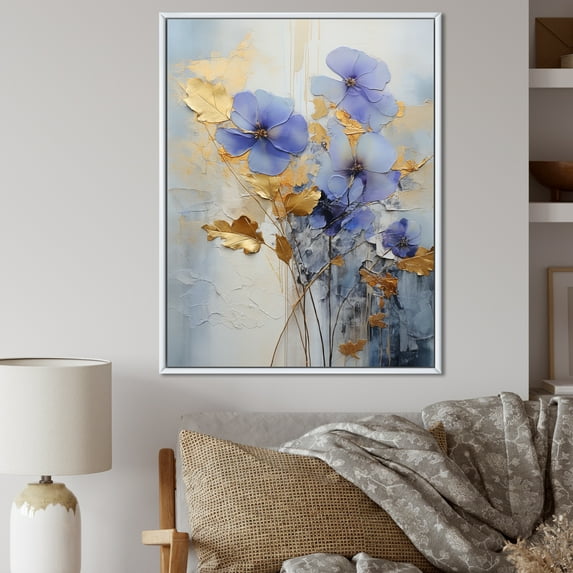 Designart "Exquisite Violets In Blue And Gold Hues III" Violets Floater Framed Canvas Wall Art