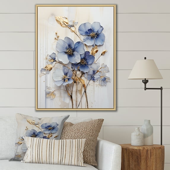 Designart "Exquisite Violets In Blue And Gold Hues IV" Violets Floater Framed Wall Art Prints