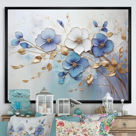 Designart "Exquisite Violets In Blue And Gold Hues" Violets Floater Framed Wall Art Living Room