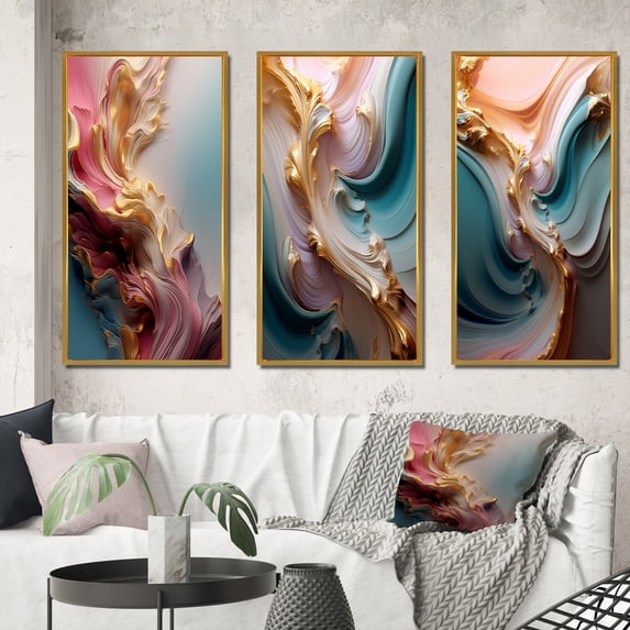Designart "Exquisite Wave Symphony Liquid Gold and Pink IV" Abstract Shapes Framed Wall Art Set Of 3 - Gold Transitional Frame Canvas Set For Living Room Decor
