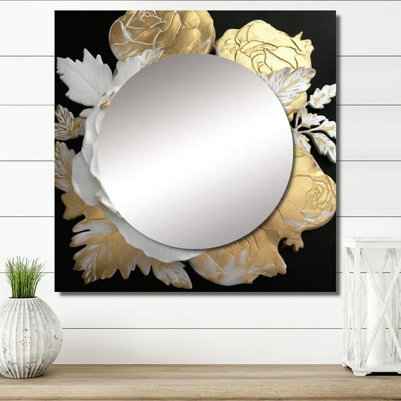Designart "Exquisite White Rose Blossoming Floral Gold Glamour I" Rose White Large Square Mirror - Square Bedroom Mirror Printed Wall Decor - Traditional Square Printed Wall Mirror Art