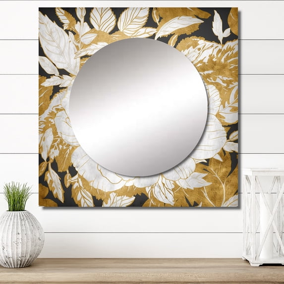 Designart "Exquisite White Rose Blossoming Floral Gold Glamour II" Rose Square Mirror For Wall Decor - Large White Square Mirror Printed Wall Decor - Traditional Square Living Room Mirror