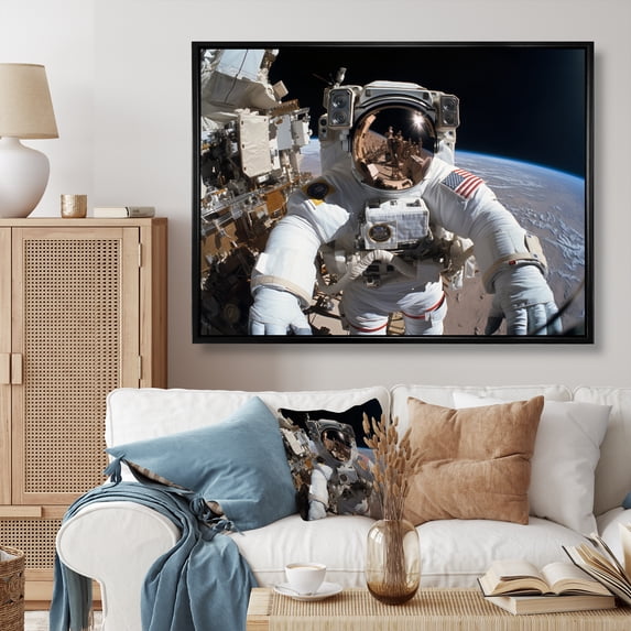 Designart "Extravehicular Activities Space Astronauts" Space Shuttle Floater Framed Wall Decor