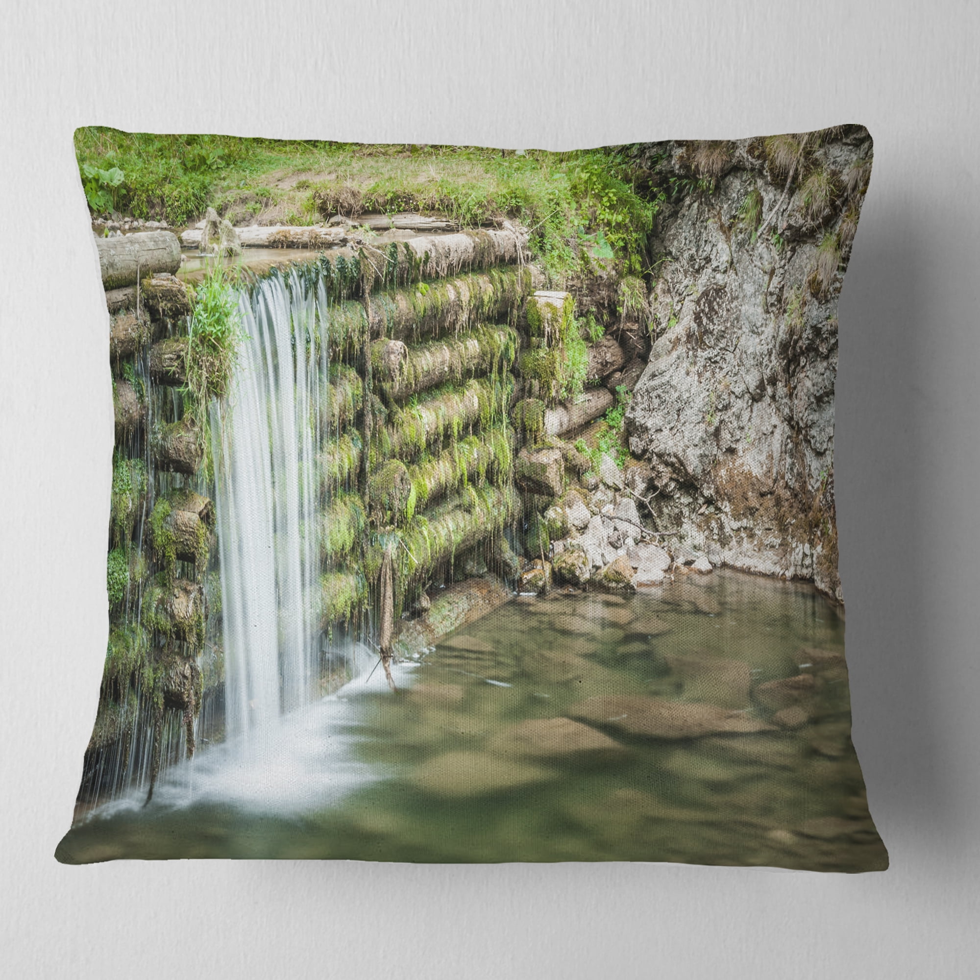 Designart Fabulous Man made Waterfall - Landscape Printed Throw Pillow - 16x16