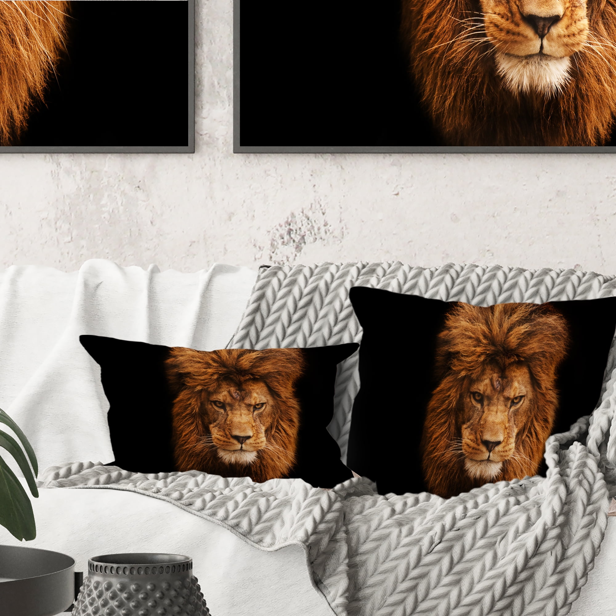 Designart Face of Male Lion on Black - Abstract Throw Pillow - 18x18