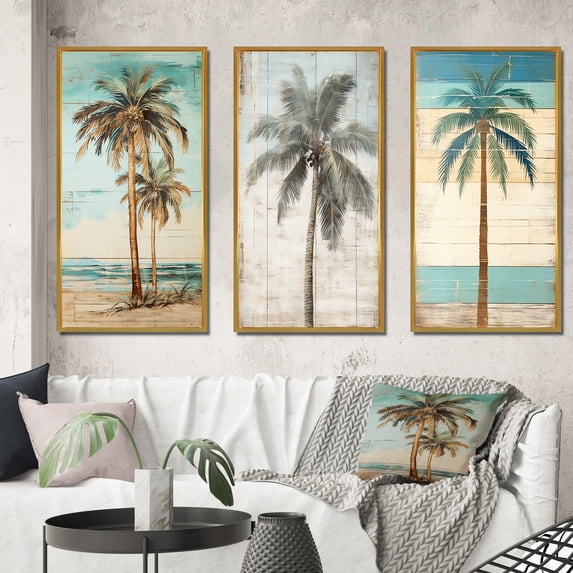 Designart "Faded Memories Tropical Palm Tree II" Meadow Framed Wall Art Set Of 3 - Green Traditional Frame Canvas Set For Living Room Decor