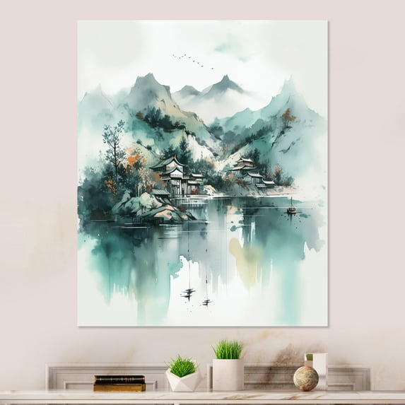 Designart "Faded Mountain Village I" Landscape Mountains River Metal Art Living Room