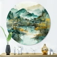 thumbnail image 1 of Designart "Faded Mountain Village II" Landscape Mountains River Round Metal Art, 1 of 5