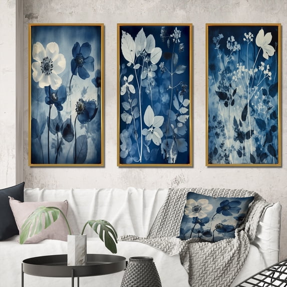 Designart "Faded Retro Blue Vintage Botanical Flowers IV" Abstract Botanicals Framed Wall Art Set Of 3 - Blue Modern Frame Canvas Set For Living Room Decor