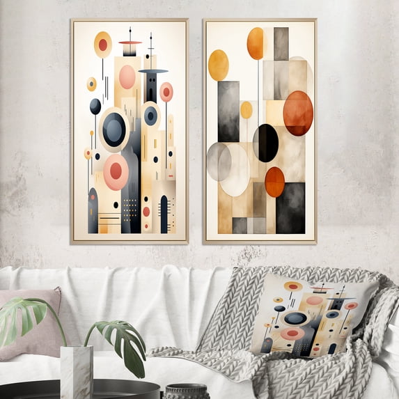 Designart "Faded Retro Circles Minimal Geometry" Modern Midcentury Framed Wall Art Set Of 2 - Mid-Century Multicolor Frame Gallery Set For Office Decor