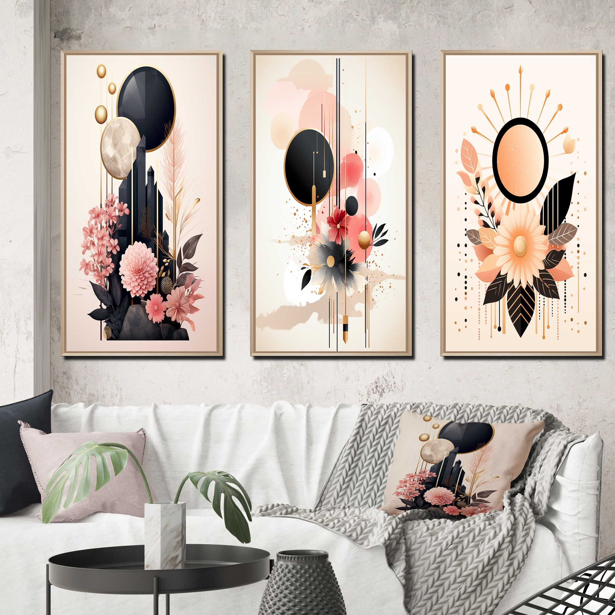 Faded Vintage Boho Flower Collage I Maple Framed Canvas Art Set