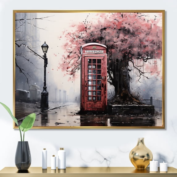 Designart "Fading Conversations Pink Telephone Booth" Telephone Booth Floater Framed Wall Art Living Room