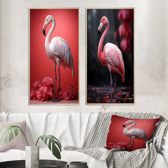 Designart "Fading Glow Monochrome Flamingo" Flamingo Framed Wall Art Set Of 2 - Pink Animals Framed Wall Art Set Of 2