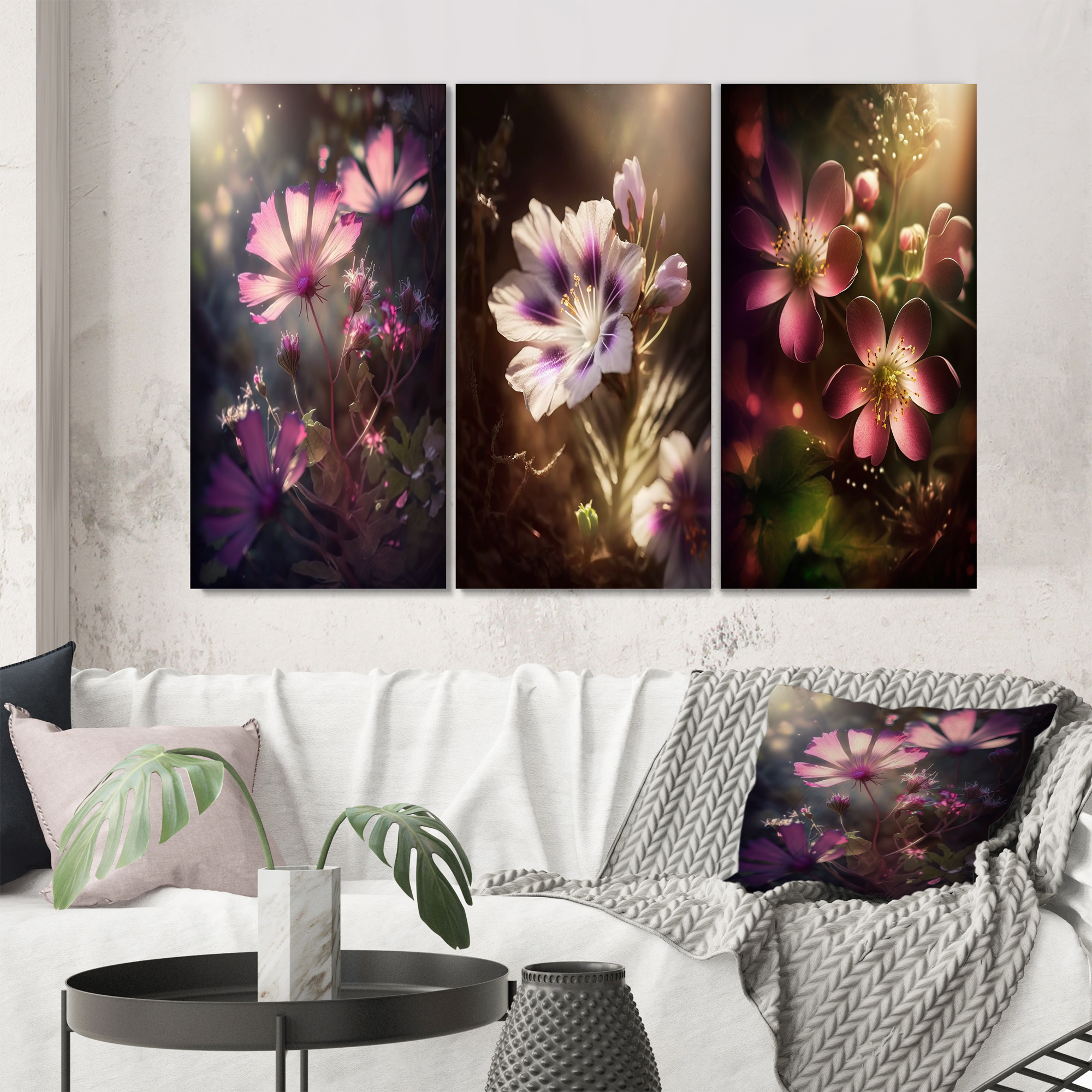 Designart "Fairy Daisy Wonderland Up Close IV" Daisy Wall Art Set Of 3