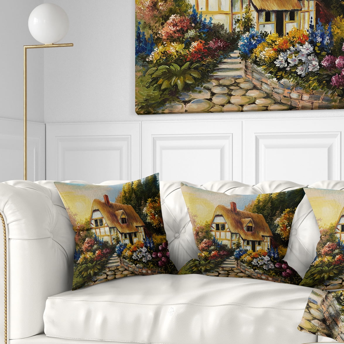 Designart Fairy House Oil Painting - Landscape Painting Throw Pillow - 18x18
