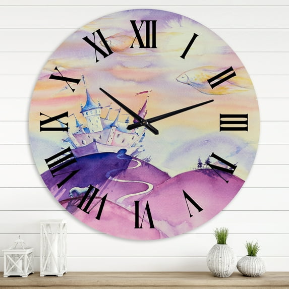 Designart 'Fairy Tale Kingdom On Purple Mountain Top' Children'S Art Wall Clock