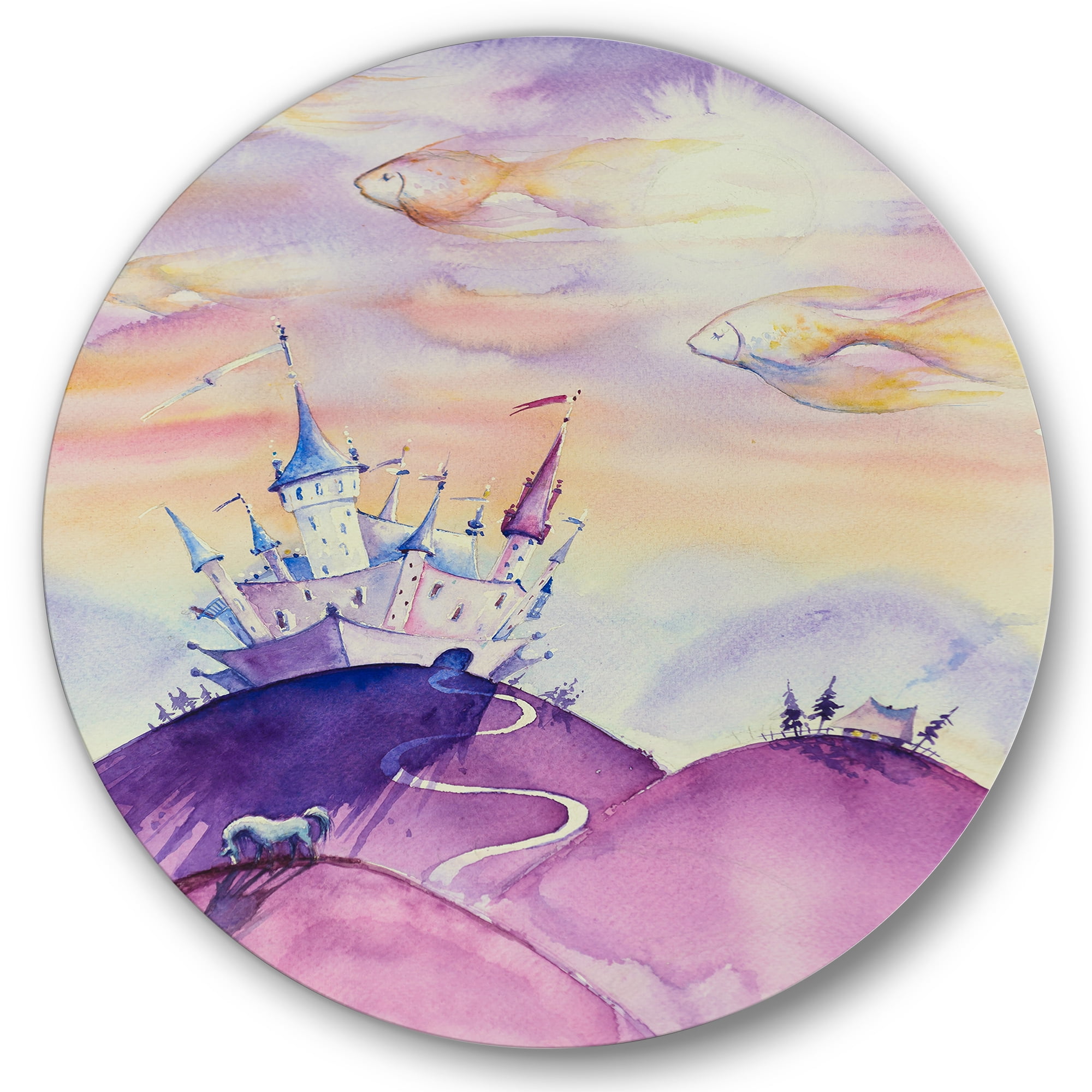 Designart 'Fairy Tale Kingdom Palace On Purple Mountain Top' Children's Art Circle Metal Wall Art 23x23 - Disc of 23