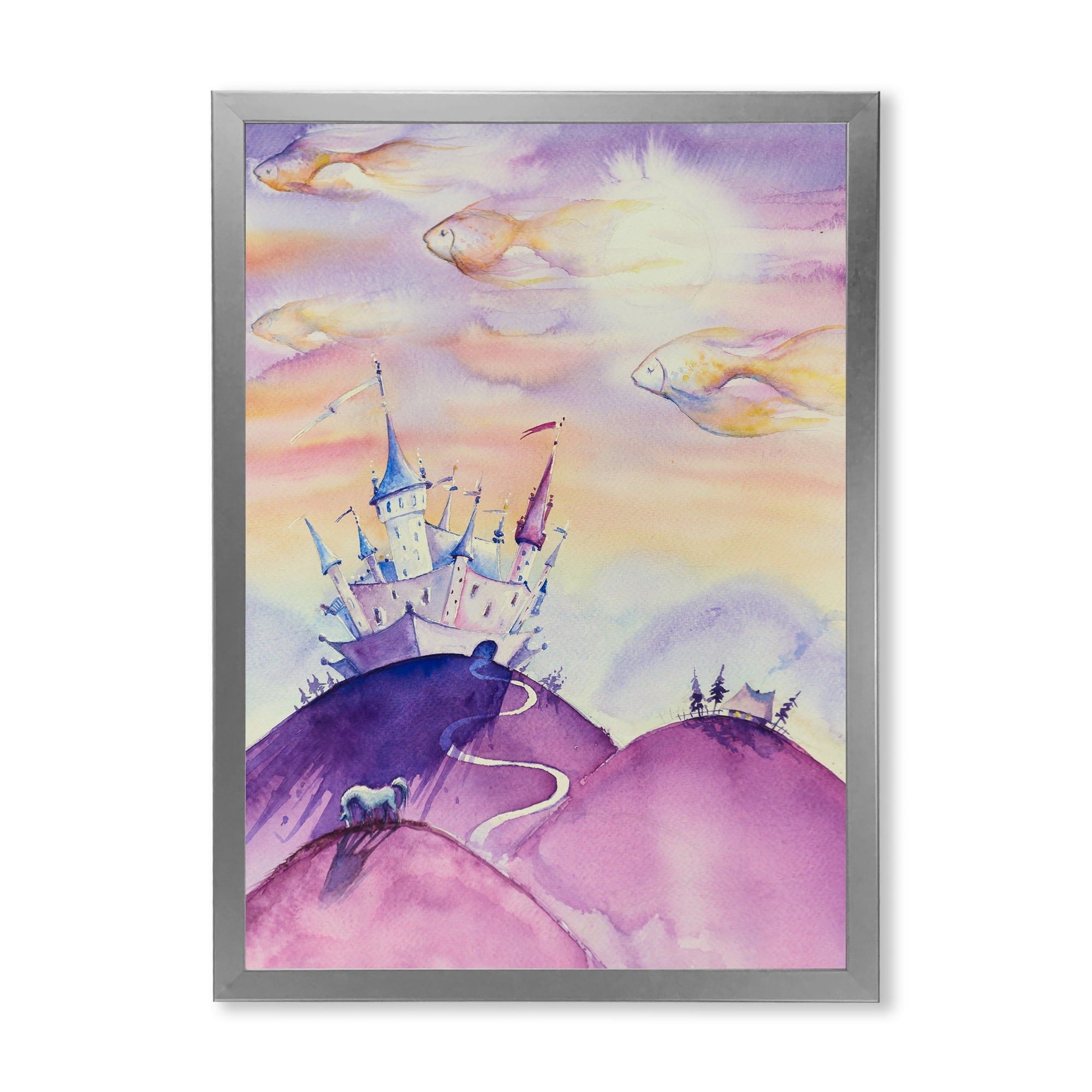 Designart 'Fairy Tale Kingdom Palace On Purple Mountain Top' Children's Art Framed Art Print
