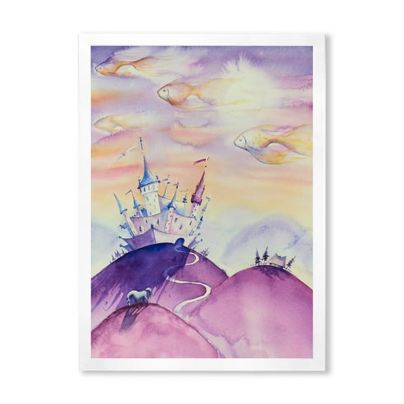 Designart 'Fairy Tale Kingdom Palace On Purple Mountain Top' Children's Art Framed Art Print