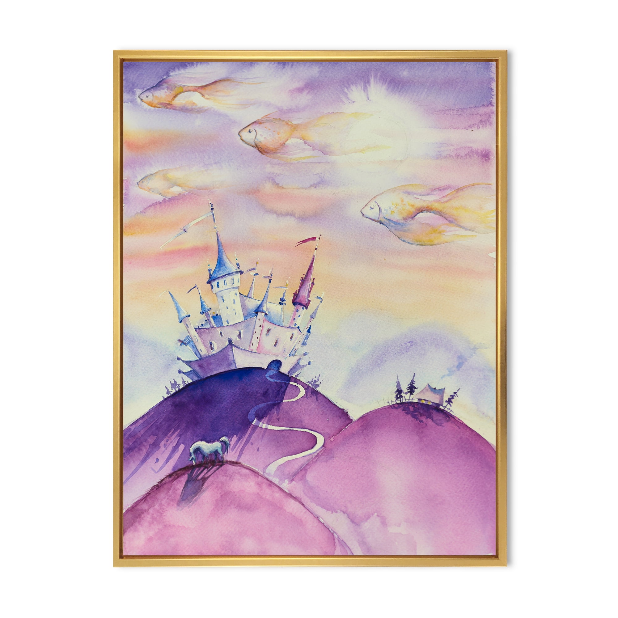 Designart 'Fairy Tale Kingdom Palace On Purple Mountain Top' Children's Art Framed Canvas Wall Art Print