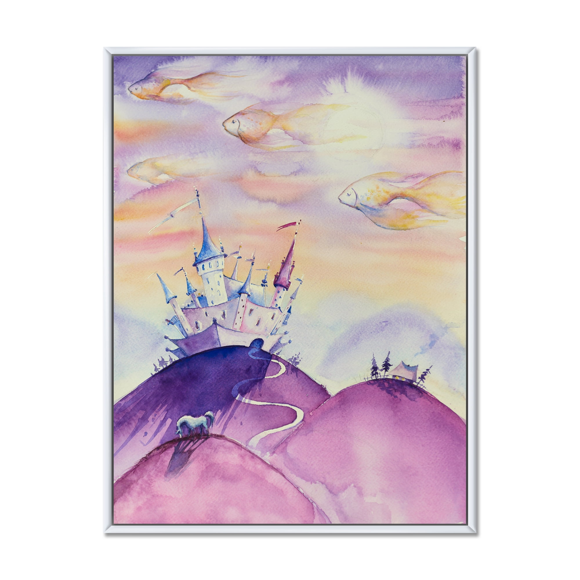 Designart 'Fairy Tale Kingdom Palace On Purple Mountain Top' Children's Art Framed Canvas Wall Art Print