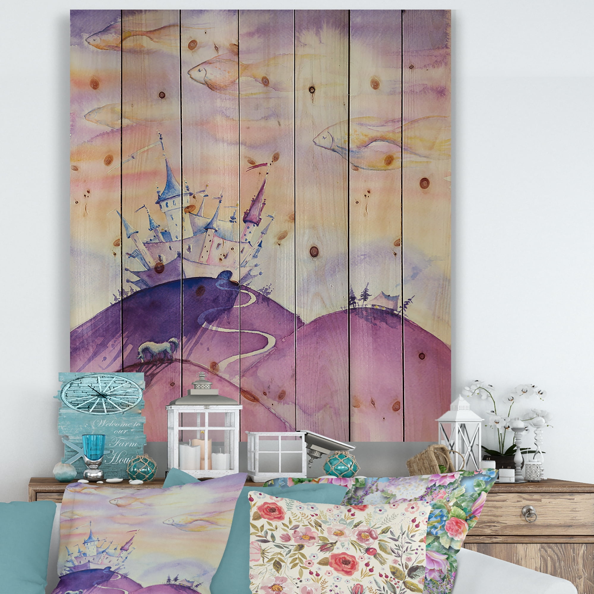 Designart 'Fairy Tale Kingdom Palace On Purple Mountain Top' Children's Art Print on Natural Pine Wood