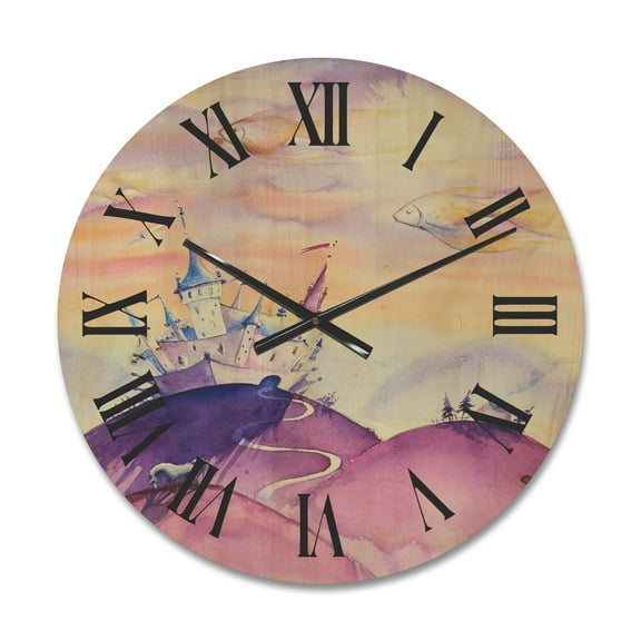 Designart 'Fairy Tale Kingdom Palace On Purple Mountain Top' Children's Art Wood Wall Clock
