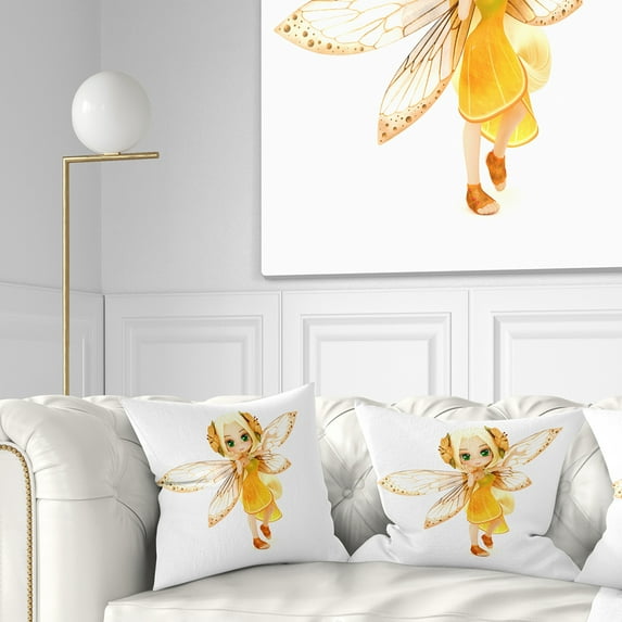 Designart Fairy Woman with Yellow Wings - Floral Painting Throw Pillow - 18x18