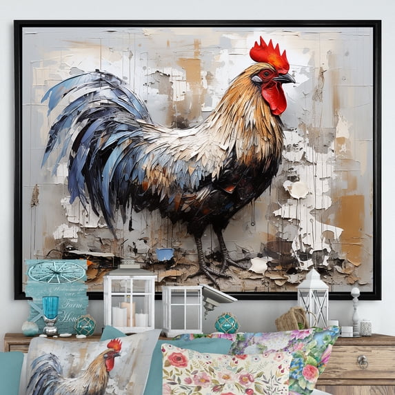 Designart "Faithful Rooster Depiction III" Animals Rooster Floater Framed Canvas Prints