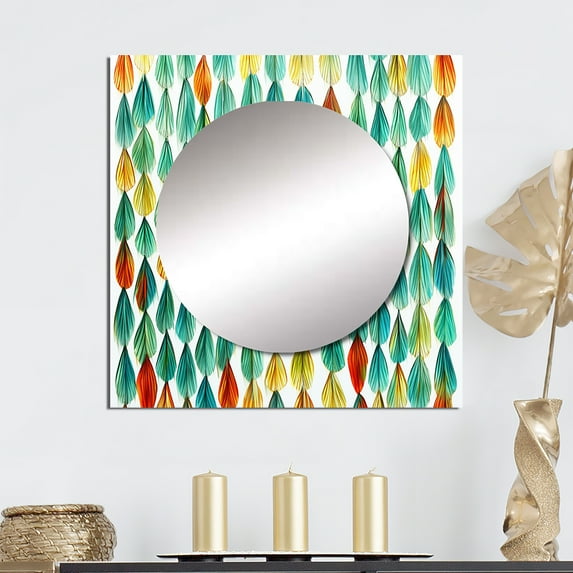 Designart "Fall Approaches Vintage Foliage In Blue And Crimson" Modern Geometric Square Mirror For Wall Decor - Large Yellow Square Printed Wall Mirror Art - Wall Mounted Square Mirror