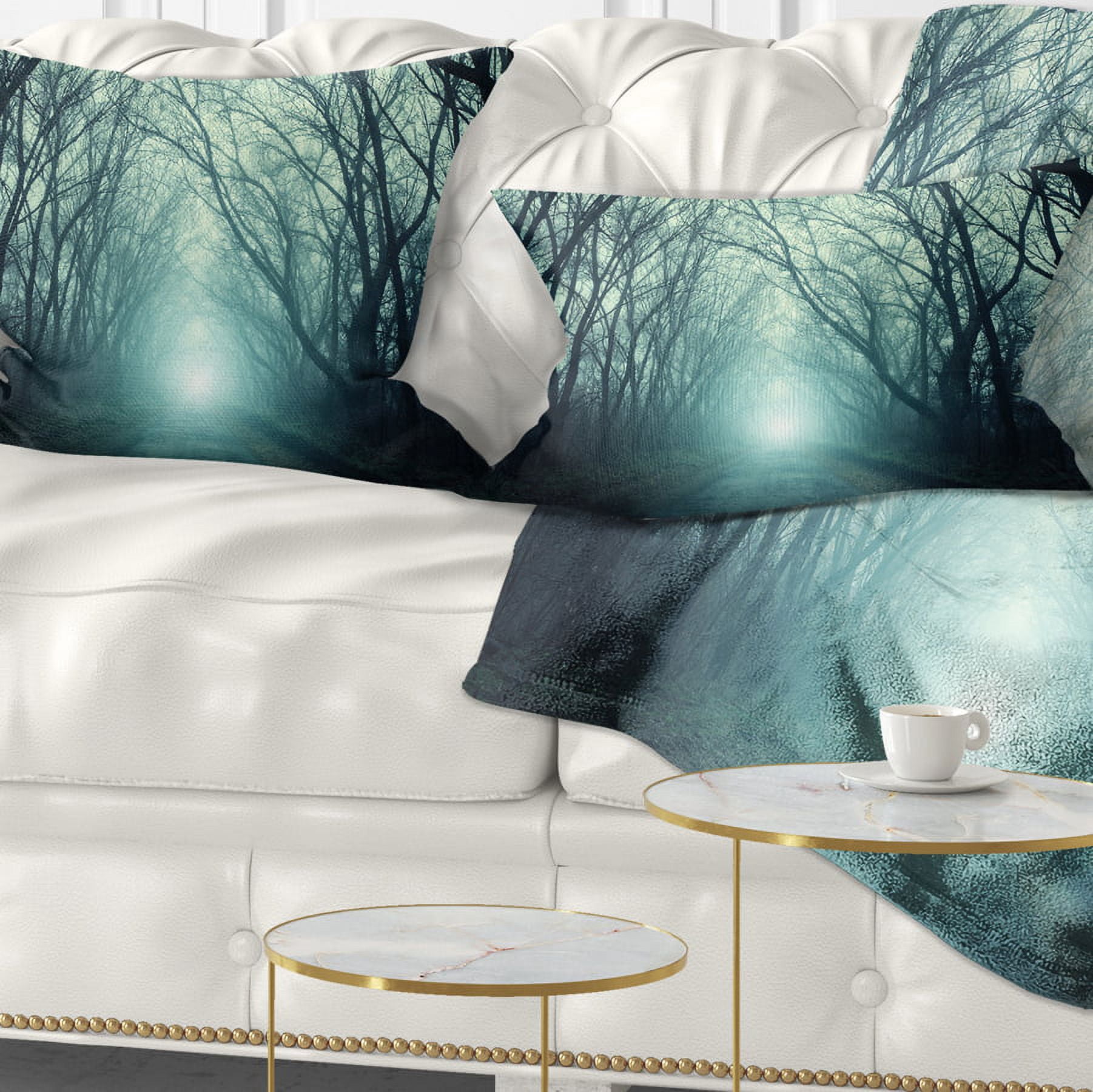 Designart Fall Forest Path with Green Light - Landscape Photography Throw Pillow - 12x20