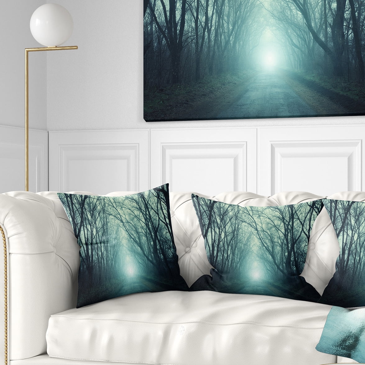 Designart Fall Forest Path with Green Light - Landscape Photography Throw Pillow - 16x16